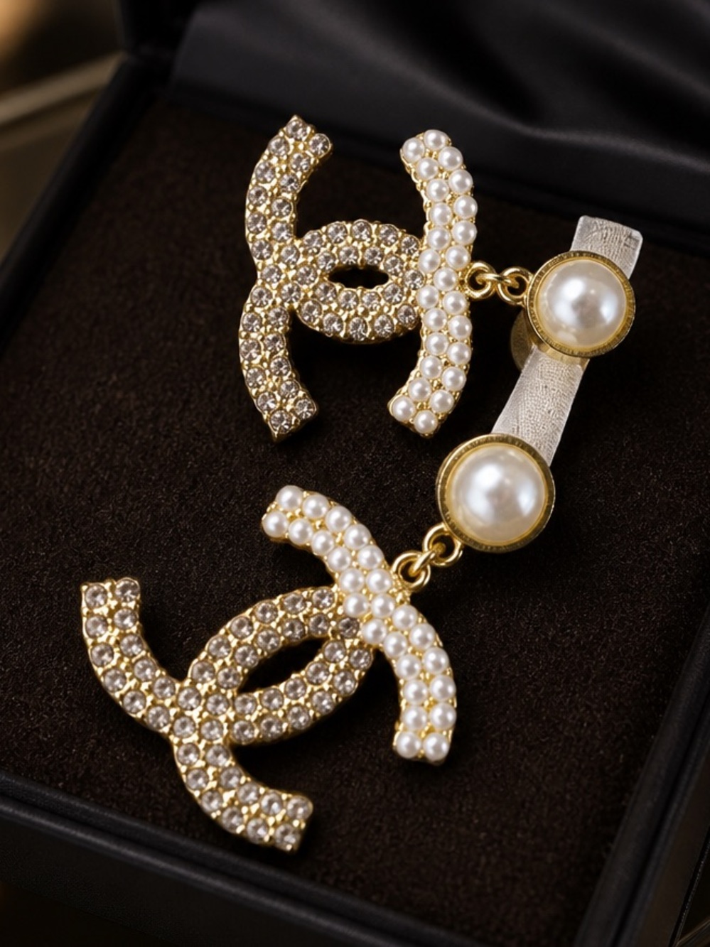 CHANEL Gold-Tone Double C Drop Earrings with White Pearls